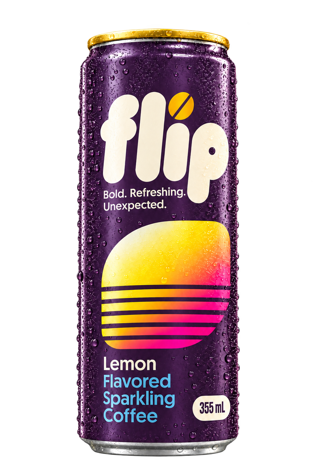 Purple FLIP Lemon can with a gold rim, silver base and condensation