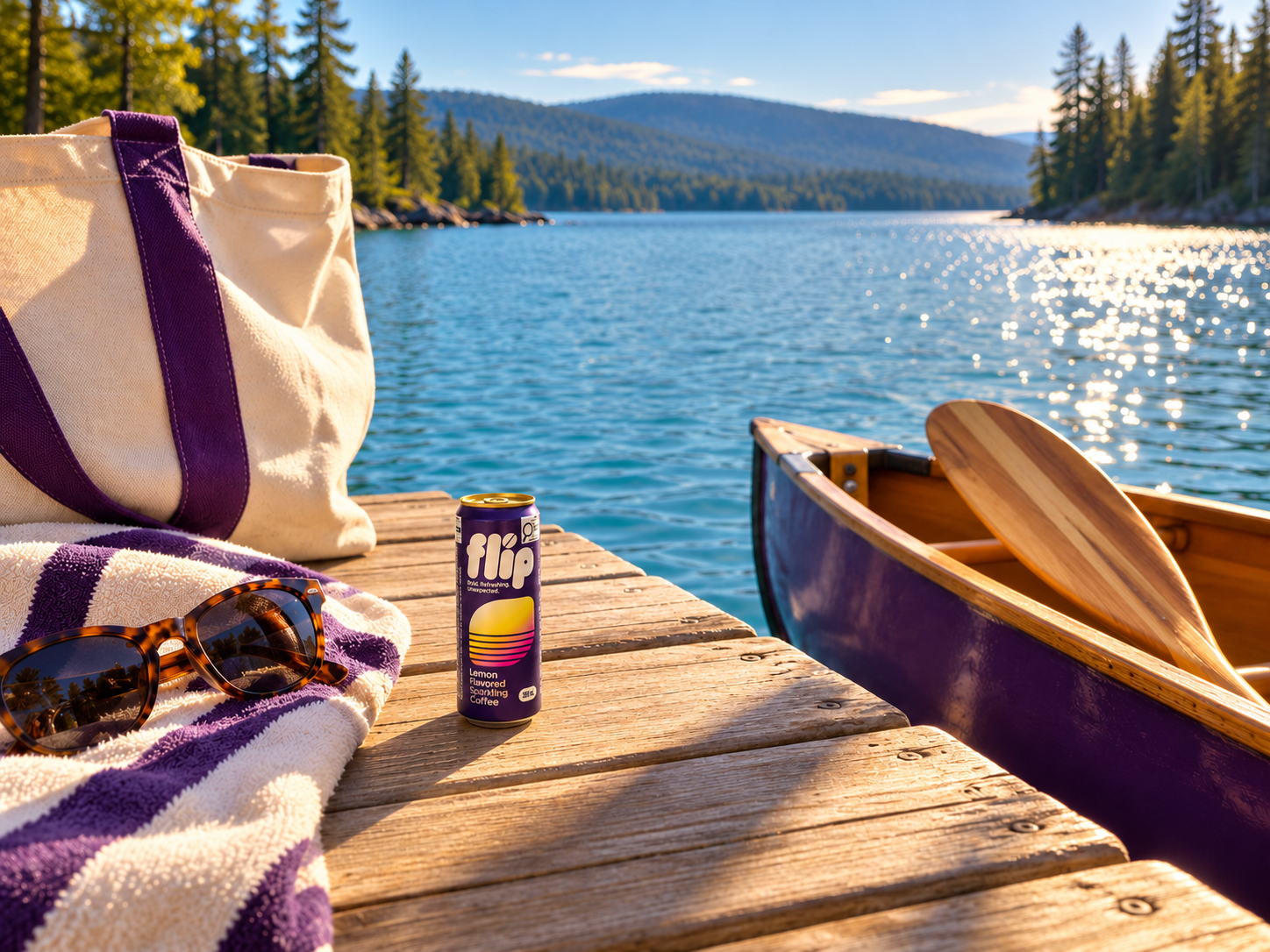Campaign imagery: a FLIP Lemon can on a lakeside dock beside a tote, towel and canoe