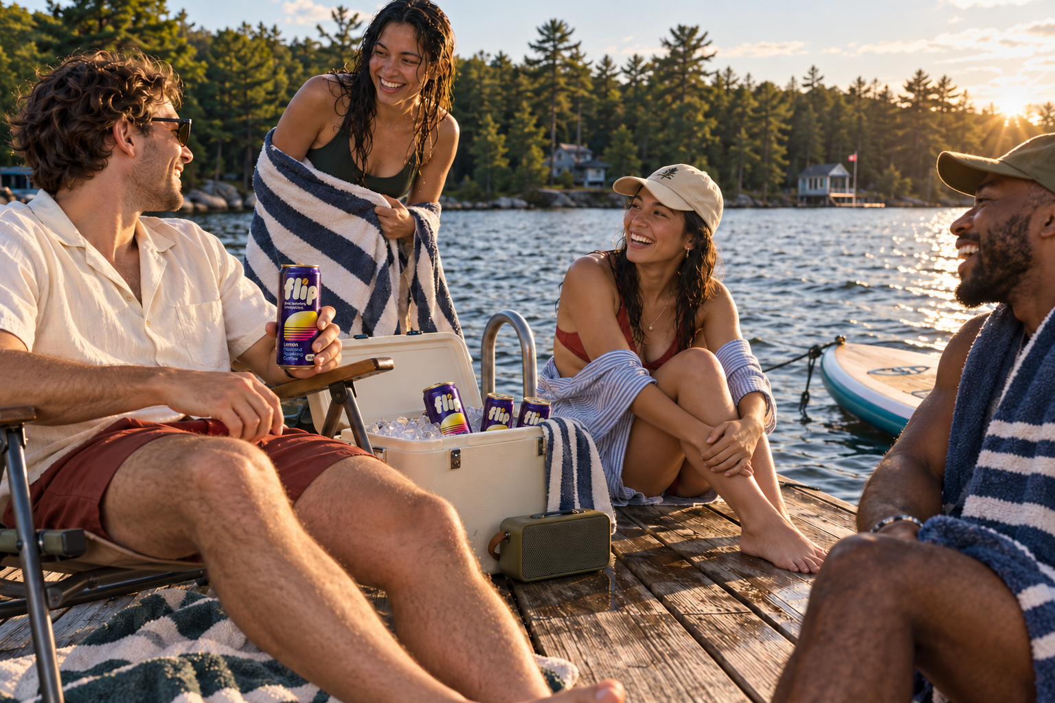 Friends gathered around a cooler of FLIP Lemon cans on a lakeside dock at sunset